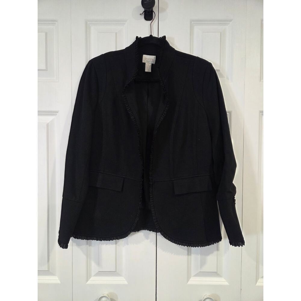 Chicos Military Style Black Ruffle Blazer Ponte Knit Jacket 1 US 8-10